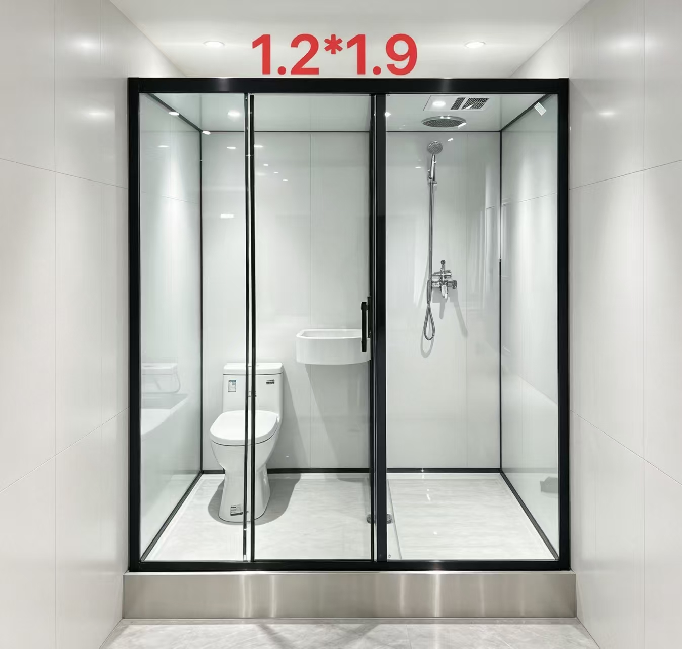 Modular bathroom with black frame, shower, toilet and basin